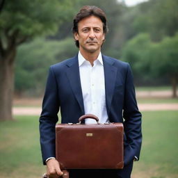 A detailed and professional portrait of Imran Khan expertly dressed in a suit, holding a classic, elegant leather suitcase.