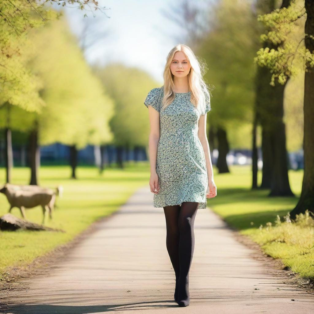 A petite Swedish girl with blond hair and brown eyes, walking in a park