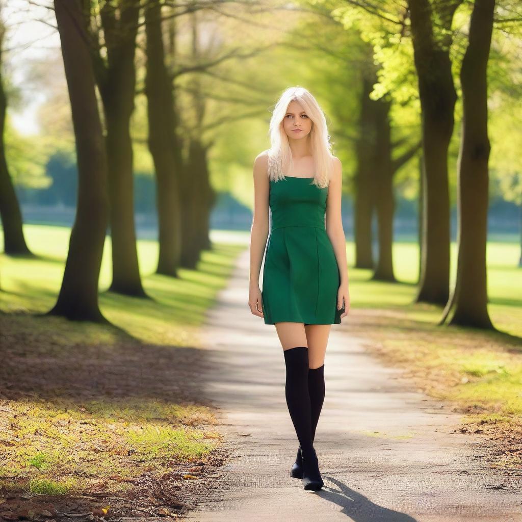 A petite Swedish girl with blond hair and brown eyes, walking in a park