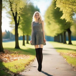 A petite Swedish girl with blond hair and brown eyes, walking in a park