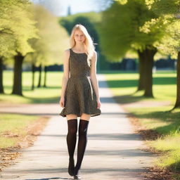 A petite Swedish girl with blond hair and brown eyes, walking in a park