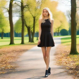 An 18-year-old petite Swedish woman with blond hair and brown eyes, walking in a park