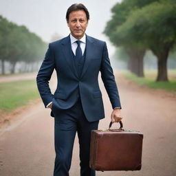 A detailed and professional portrait of Imran Khan expertly dressed in a suit, holding a classic, elegant leather suitcase.