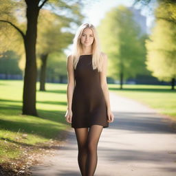 An 18-year-old petite Swedish woman with blond hair and brown eyes, walking in a park