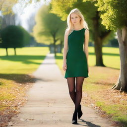 An 18-year-old petite Swedish woman with blond hair and brown eyes, walking in a park