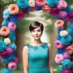 A beautiful woman with short pixie hair and ombre highlights, wearing a sleeveless turquoise dress