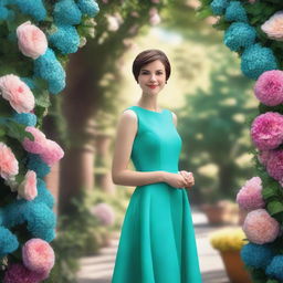 A beautiful woman with short pixie hair and ombre highlights, wearing a sleeveless turquoise dress