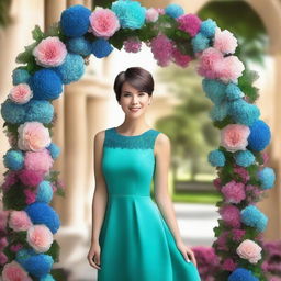 A beautiful woman with short pixie hair and ombre highlights, wearing a sleeveless turquoise dress