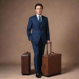 A detailed and professional portrait of Imran Khan expertly dressed in a suit, holding a classic, elegant leather suitcase.