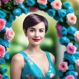 A beautiful woman with short pixie hair and ombre highlights, wearing a sleeveless turquoise dress