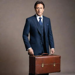 A detailed and professional portrait of Imran Khan expertly dressed in a suit, holding a classic, elegant leather suitcase.