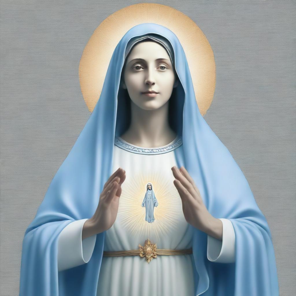 Create a book cover featuring the Virgin Mary with a gray alien face, in a classic welcoming pose with open arms