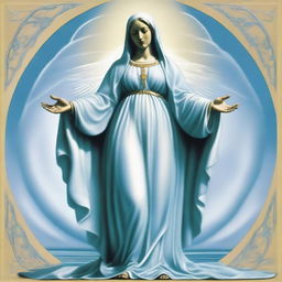 Create an image of the Virgin Mary with an extraterrestrial face and open arms in a classic welcoming pose