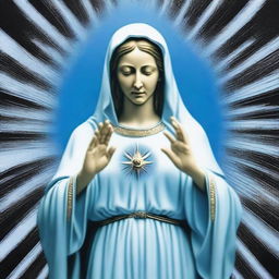 Create an image of the Virgin Mary with an extraterrestrial face and open arms in a classic welcoming pose