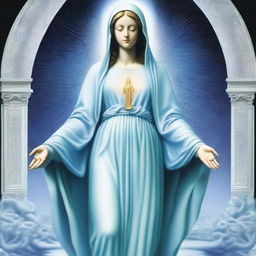 Create an image of the Virgin Mary with an extraterrestrial face and open arms in a classic welcoming pose