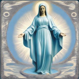 Create an image of the Virgin Mary with an extraterrestrial face and open arms in a classic welcoming pose