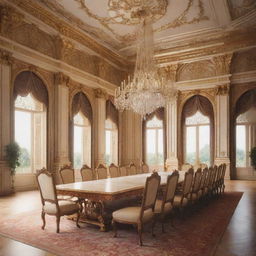 An anime-style rendering of a grand palace meeting room, complete with ornate architectural details and royal decor.