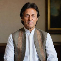 A dignified portrait of Imran Khan, former Prime Minister of Pakistan, wearing a formal attire that embodies his leadership and charisma.