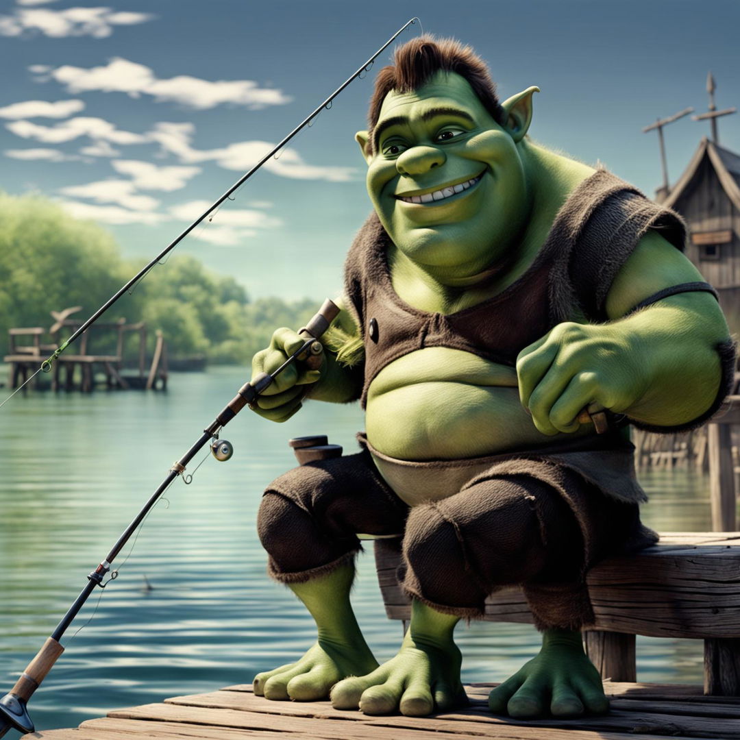 Shrek fishing off a rustic wooden wharf in a serene and natural environment, conveying contentment and joy.