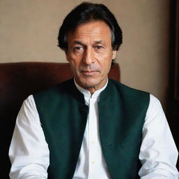 A dignified portrait of Imran Khan, former Prime Minister of Pakistan, wearing a formal attire that embodies his leadership and charisma.