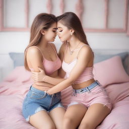 Two cute girls in love, wearing very short denim skirts and pink crop-tops, with glittering make-up and girly jewelry, hugging and kissing on a bed