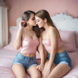 Two cute girls in love, wearing very short denim skirts and pink crop-tops, with glittering make-up and girly jewelry, hugging and kissing on a bed