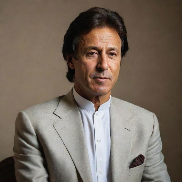 A dignified portrait of Imran Khan, former Prime Minister of Pakistan, wearing a formal attire that embodies his leadership and charisma.