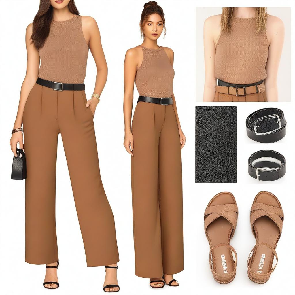 A chic and casual streetwear look featuring a sleeveless brown top paired with high-waisted black wide-leg pants