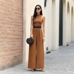 A chic and casual streetwear look featuring a sleeveless brown top paired with high-waisted black wide-leg pants