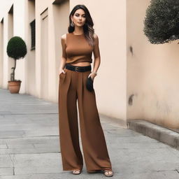 A chic and casual streetwear look featuring a sleeveless brown top paired with high-waisted black wide-leg pants