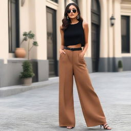 A chic and casual streetwear look featuring a sleeveless brown top paired with high-waisted black wide-leg pants