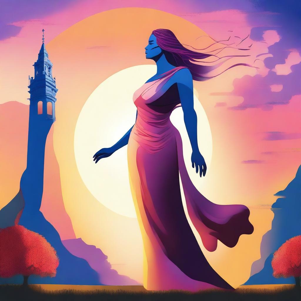 Create an image of a giant woman standing majestically in a landscape