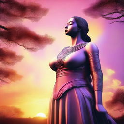 Create an image of a giant woman standing majestically in a landscape