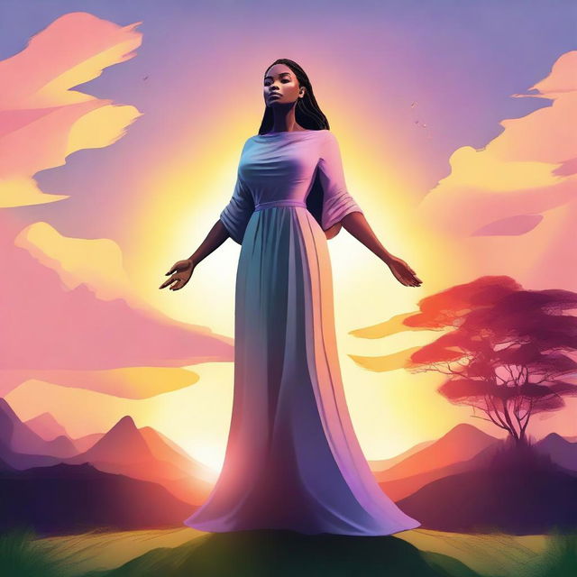 Create an image of a giant woman standing majestically in a landscape