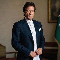 A dignified portrait of Imran Khan, former Prime Minister of Pakistan, wearing a formal attire that embodies his leadership and charisma.