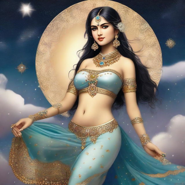 An Indian celestial maiden with traditional attire, adorned with intricate jewelry and a serene expression