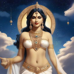 An Indian celestial maiden with traditional attire, adorned with intricate jewelry and a serene expression