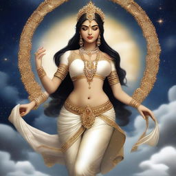 An Indian celestial maiden with traditional attire, adorned with intricate jewelry and a serene expression