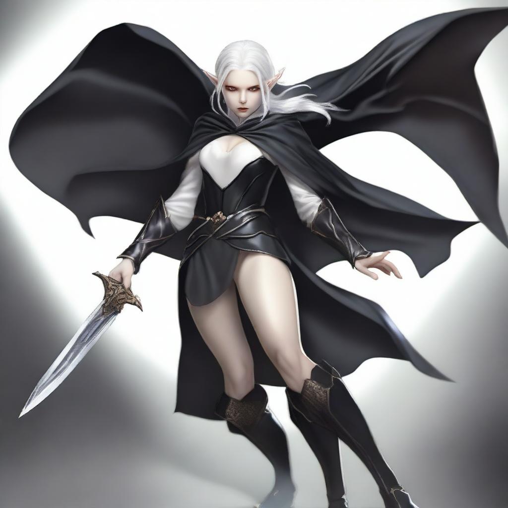 A female albino elf with white hair, wearing a tight black suit with a black cape, is in an attacking position holding two daggers, one silver and one black