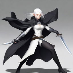 A female albino elf with white hair, wearing a tight black suit with a black cape, is in an attacking position holding two daggers, one silver and one black