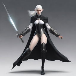 A female albino elf with white hair, wearing a tight black suit with a black cape, is in an attacking position holding two daggers, one silver and one black