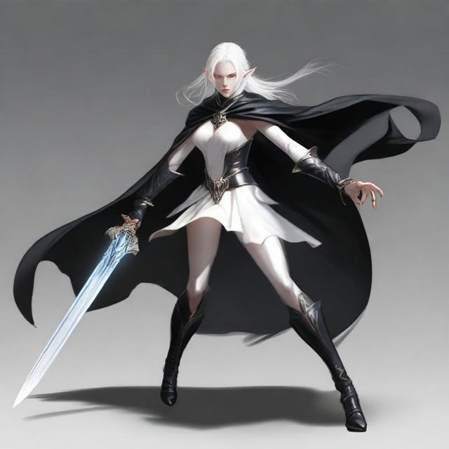 A female albino elf with white hair, wearing a tight black suit with a black cape, is in an attacking position holding two daggers, one silver and one black