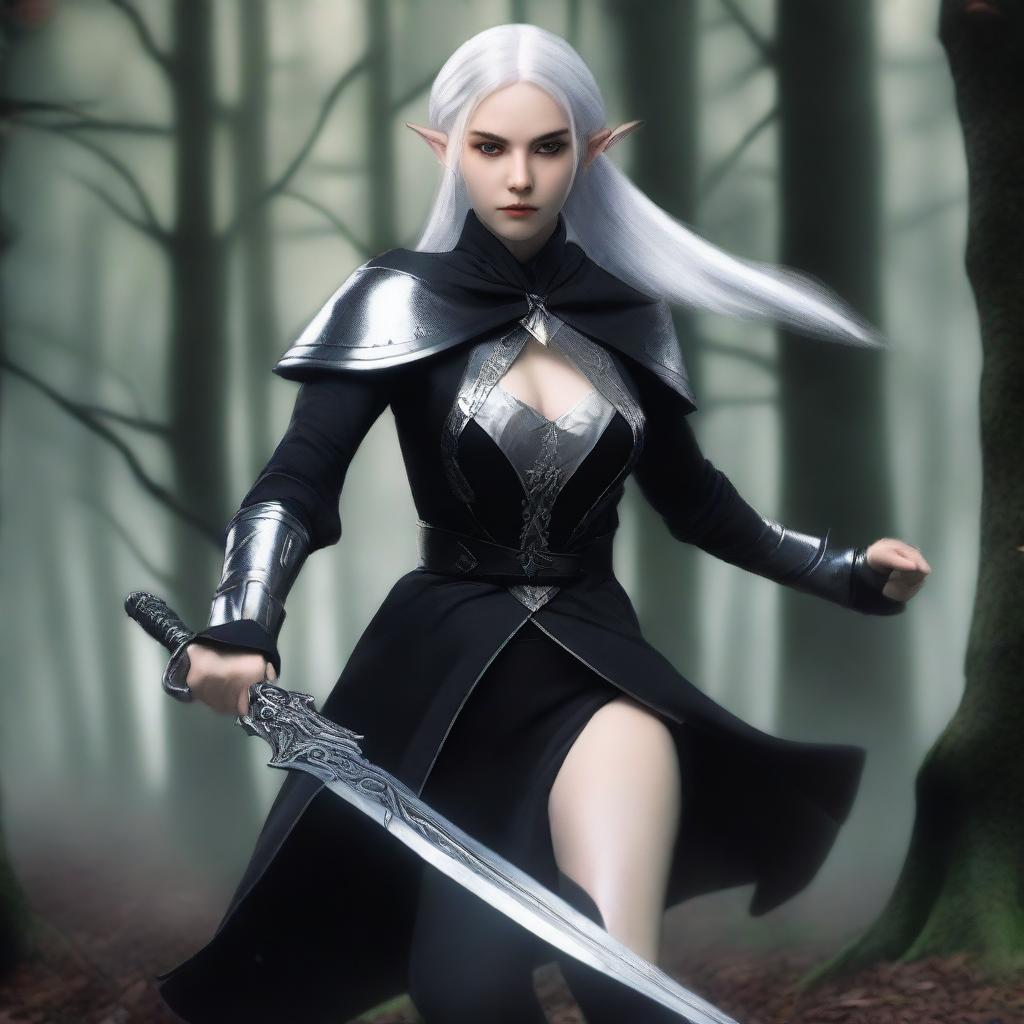 A female elf with white hair and very pale skin, wearing a fitted black suit, is in an attack position and holding two daggers, one silver and one black