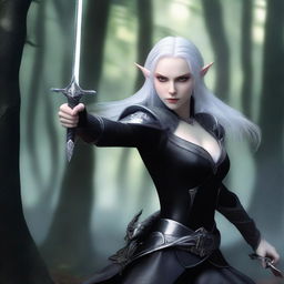 A female elf with white hair and very pale skin, wearing a fitted black suit, is in an attack position and holding two daggers, one silver and one black