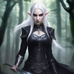 A female elf with white hair and very pale skin, wearing a fitted black suit, is in an attack position and holding two daggers, one silver and one black