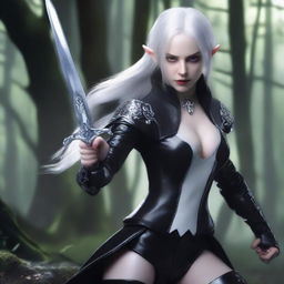 A female elf with white hair and very pale skin, wearing a fitted black suit with pants, is in an attack position and holding two daggers, one silver and one black