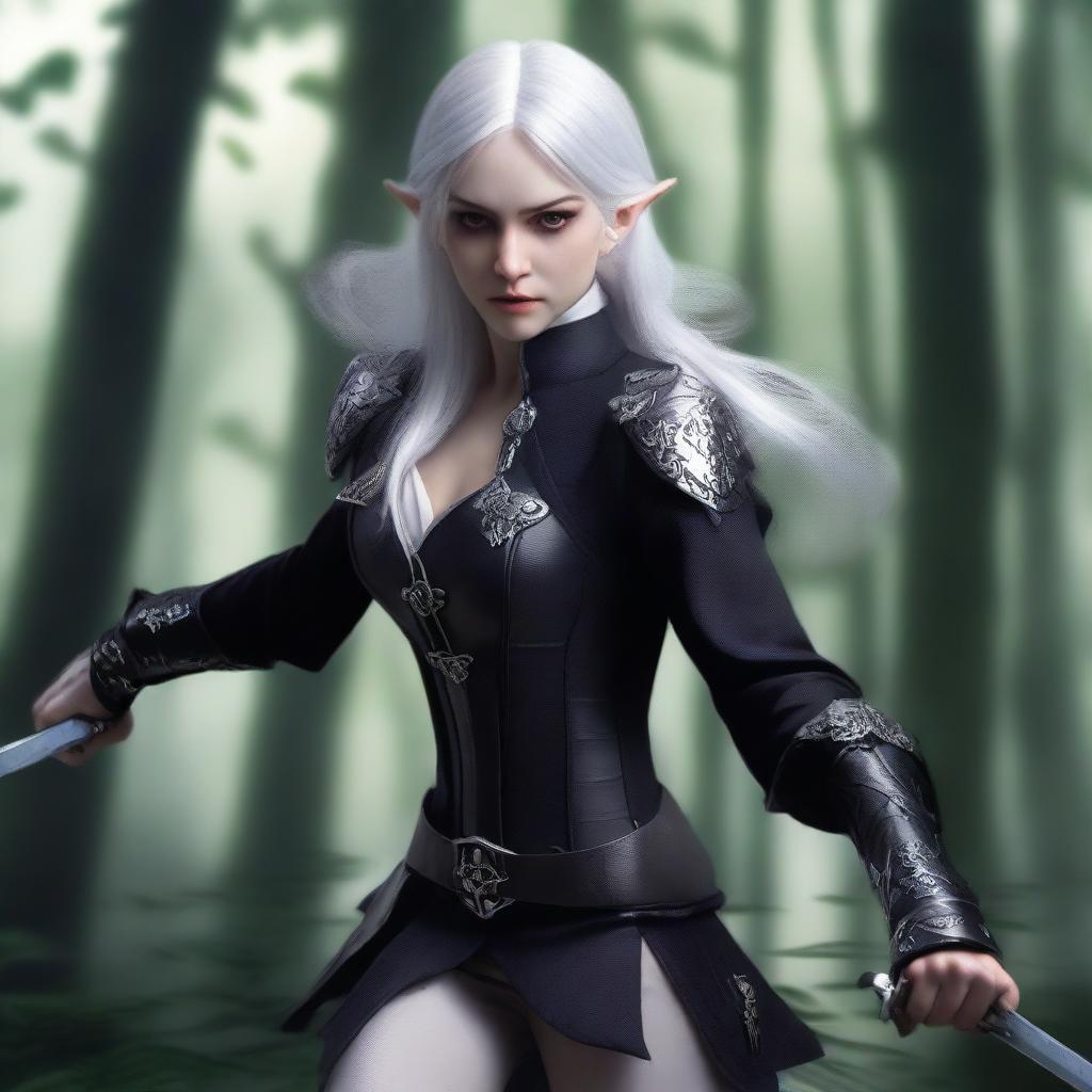 A female elf with white hair and very pale skin, wearing a fitted black suit with pants, is in an attack position and holding two daggers, one silver and one black