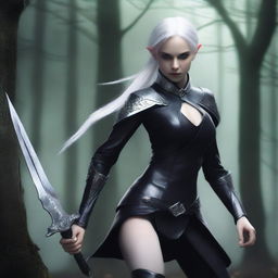 A female elf with white hair and very pale skin, wearing a fitted black suit with pants, is in an attack position and holding two daggers, one silver and one black