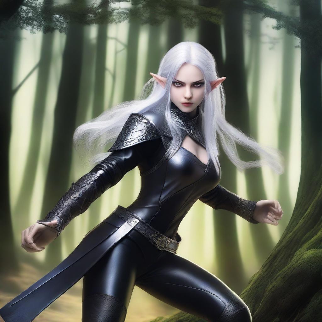 A female elf with white hair and very pale skin, wearing a fitted black suit with long pants and boots, is in an attack position and holding two daggers, one silver and one black