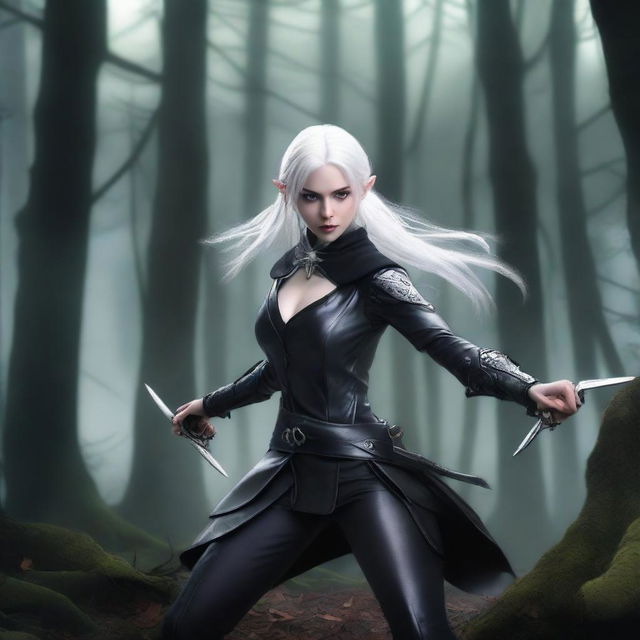 A female elf with white hair and very pale skin, wearing a fitted black suit with long pants and boots, is in an attack position and holding two daggers, one silver and one black